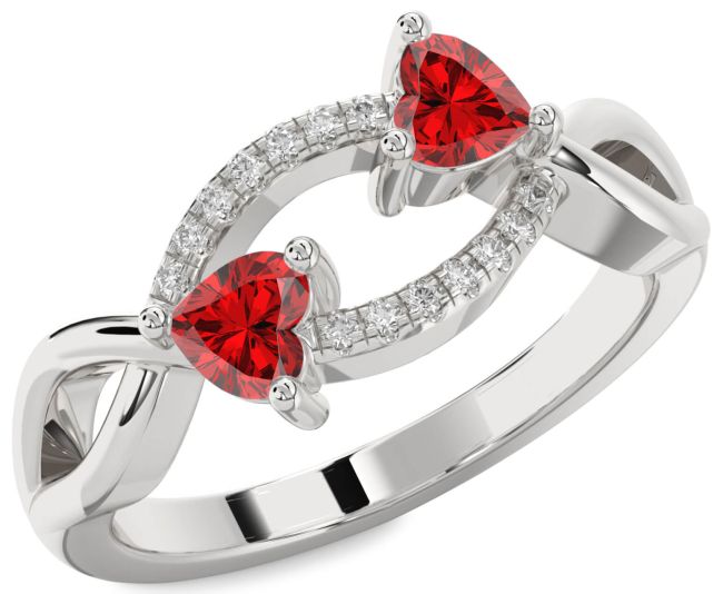Diamond Ruby Silver Two Heart Birthstone Ring