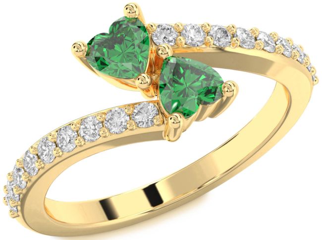 Diamond Emerald Gold Two Heart Birthstone Ring