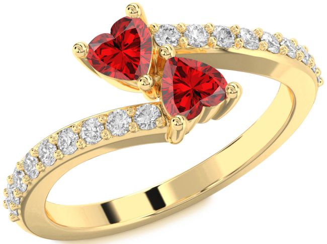 Diamond Ruby Gold Two Heart Birthstone Ring