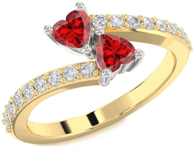 Diamond Ruby Gold Silver Two Heart Birthstone Ring