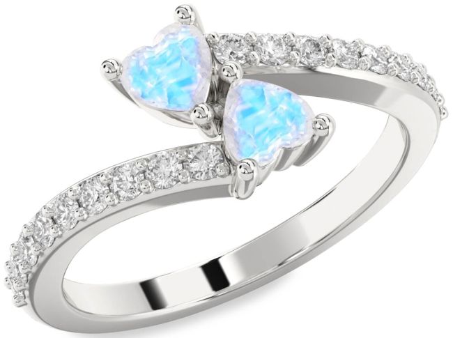 Diamond Moonstone Silver Two Heart Ring