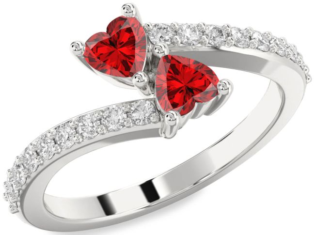 Diamond Ruby Silver Two Heart Birthstone Ring