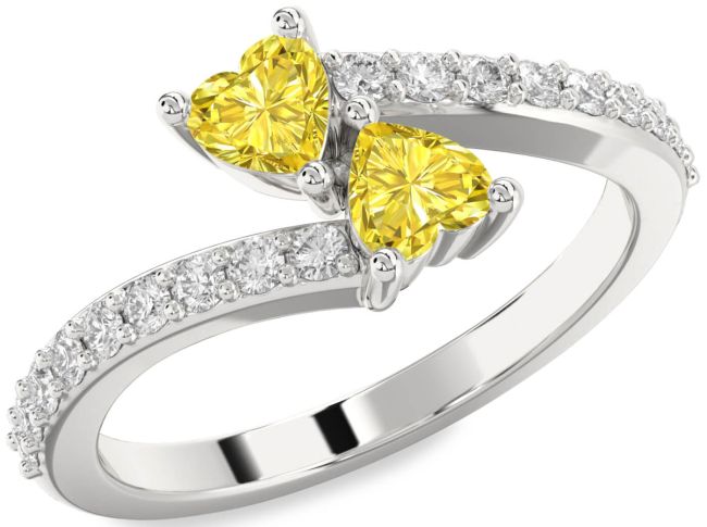 Yellow Diamond Silver Two Heart Ring