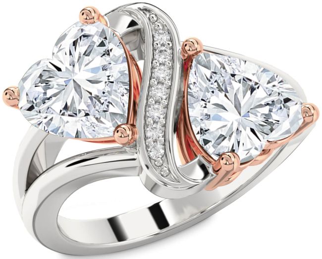 Diamond Silver & 10K Rose Gold Two Heart Ring