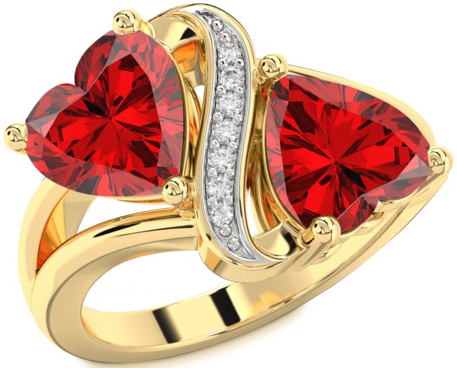 Diamond Ruby Gold Silver Two Heart Birthstone Ring