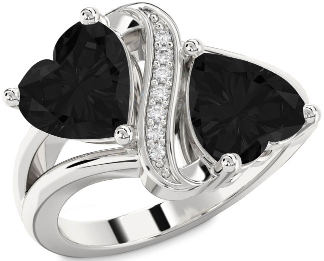 Black Diamond Silver Two Heart Ring