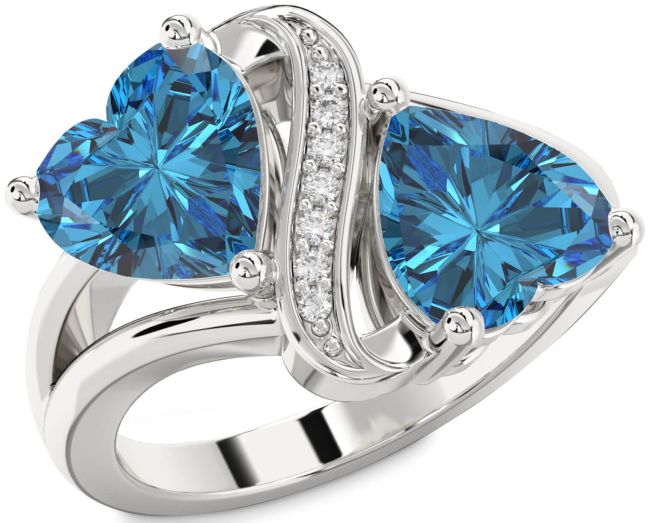 Blue Diamond Silver Two Heart Ring