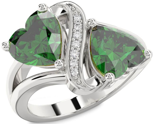 Diamond Emerald Silver Two Heart Birthstone Ring