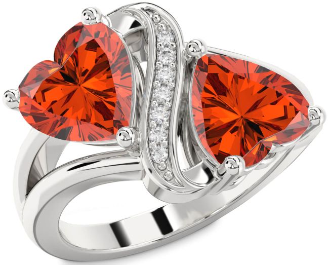 Diamond Fire Opal Silver Two Heart Ring