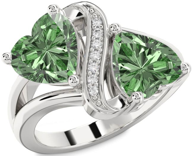 Green Diamond Silver Two Heart Ring