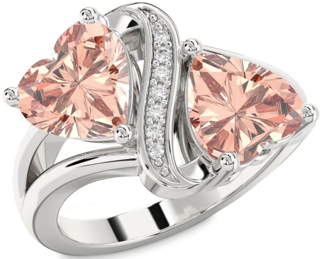 Diamond Morganite Silver Two Heart Ring