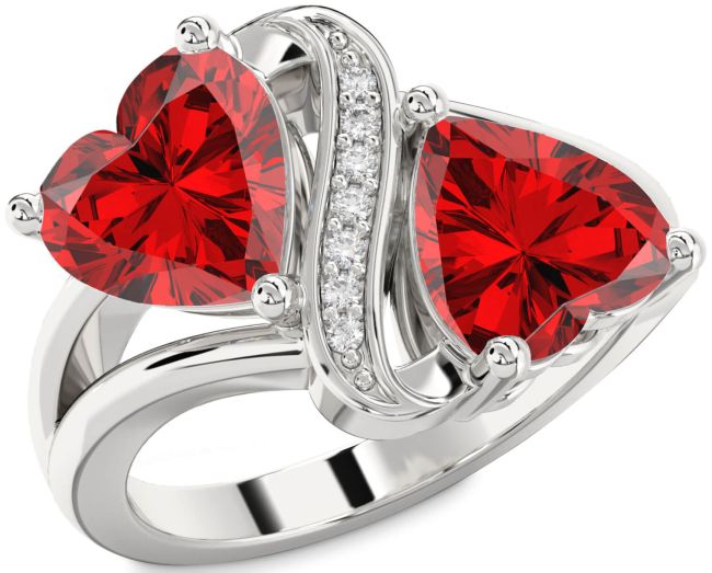 Diamond Ruby Silver Two Heart Birthstone Ring