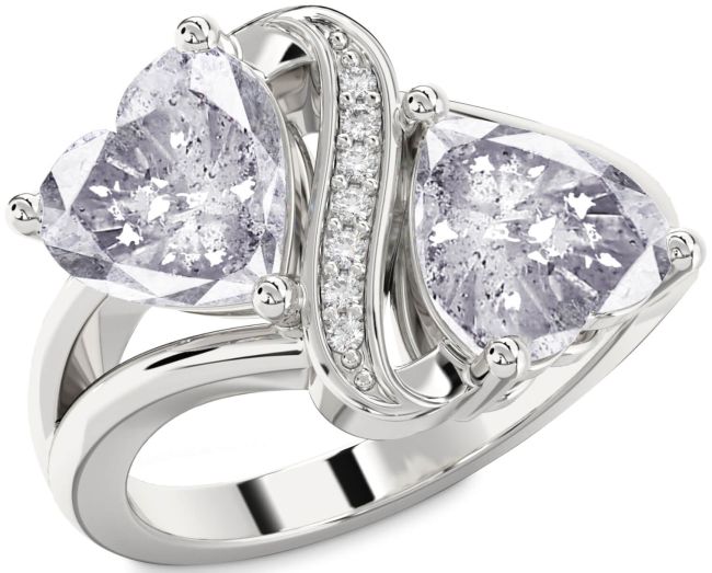 Salt & Pepper Diamond Silver Two Heart Ring