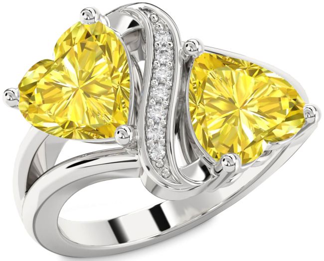 Yellow Diamond Silver Two Heart Ring