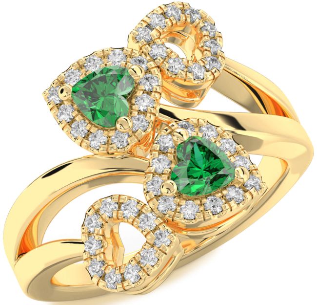Diamond Emerald Gold Silver Two Heart Birthstone Ring