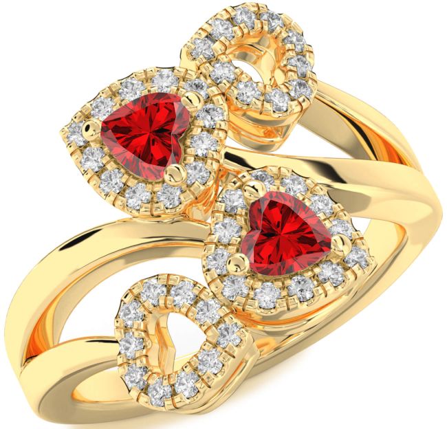 Diamond Ruby Gold Silver Two Heart Birthstone Ring