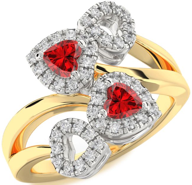 Diamond Ruby Gold Silver Two Heart Birthstone Ring