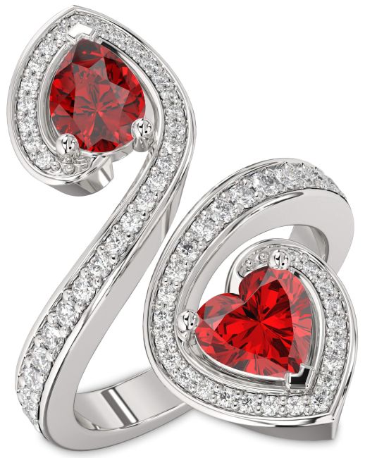 Diamond Ruby Silver Heart Two Stone Pave Birthstone Ring