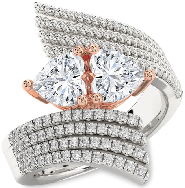 Diamond Silver & 10K Rose Gold Two Heart Ring