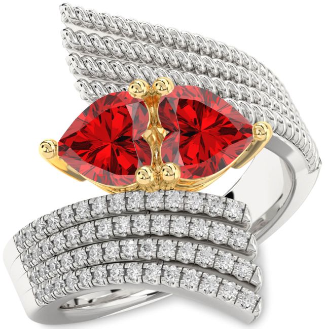Diamond Ruby Gold Silver Two Heart Birthstone Ring