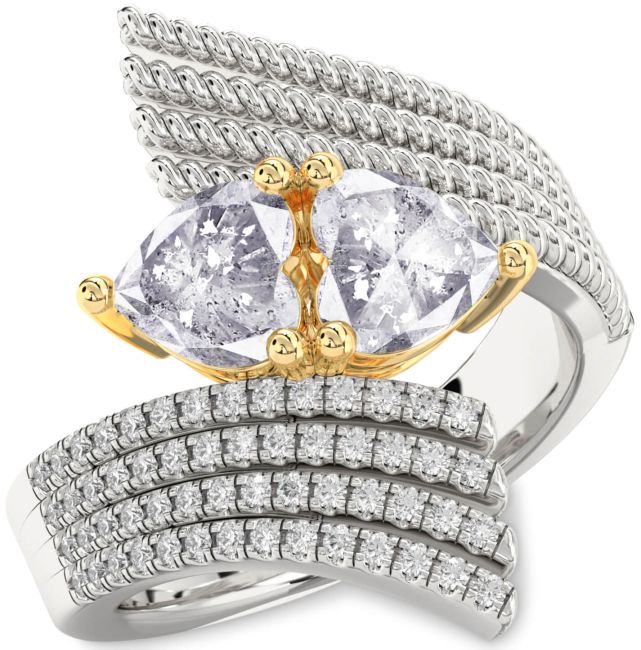 Salt & Pepper Diamond Gold Silver Two Heart Ring