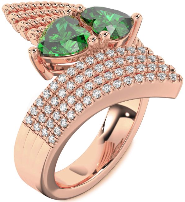 Diamond Emerald Rose Gold Two Heart Birthstone Ring