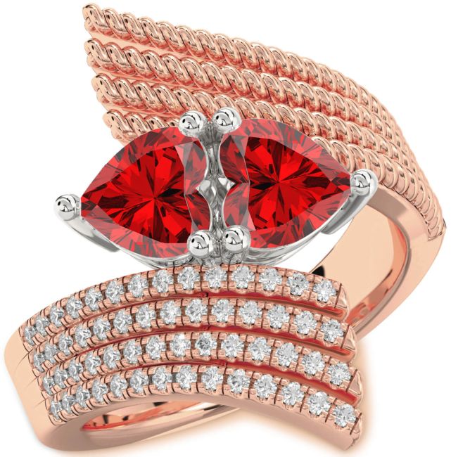 Diamond Ruby Rose Gold Silver Two Heart Birthstone Ring