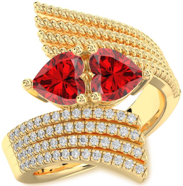 Diamond Ruby Gold Two Heart Birthstone Ring