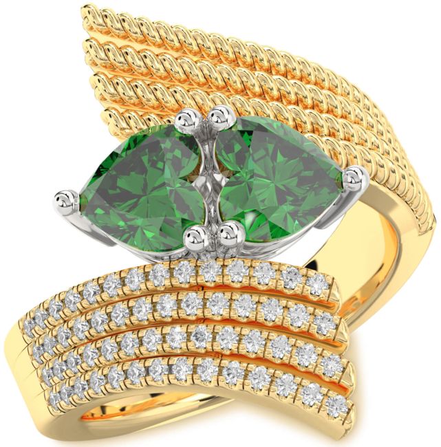 Diamond Emerald Gold Silver Two Heart Birthstone Ring