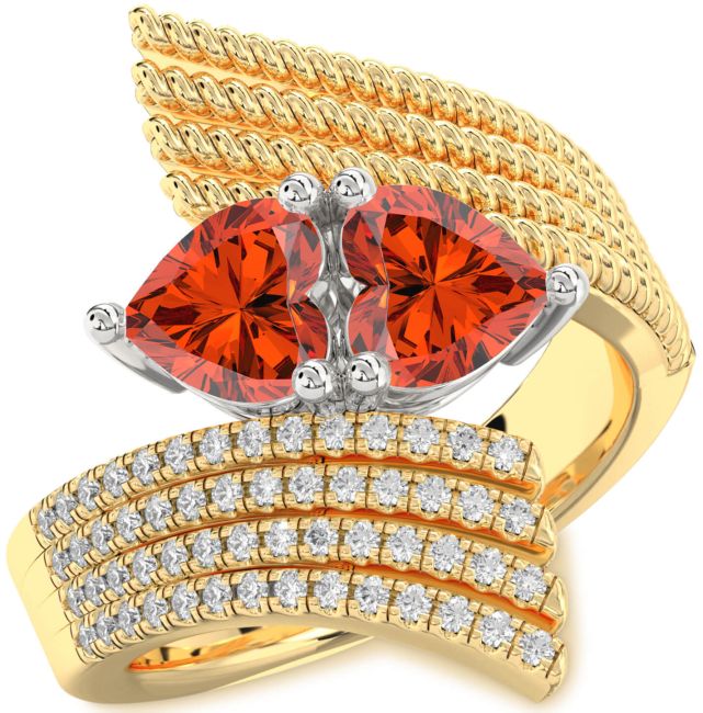 Diamond Fire Opal Gold Silver Two Heart Ring