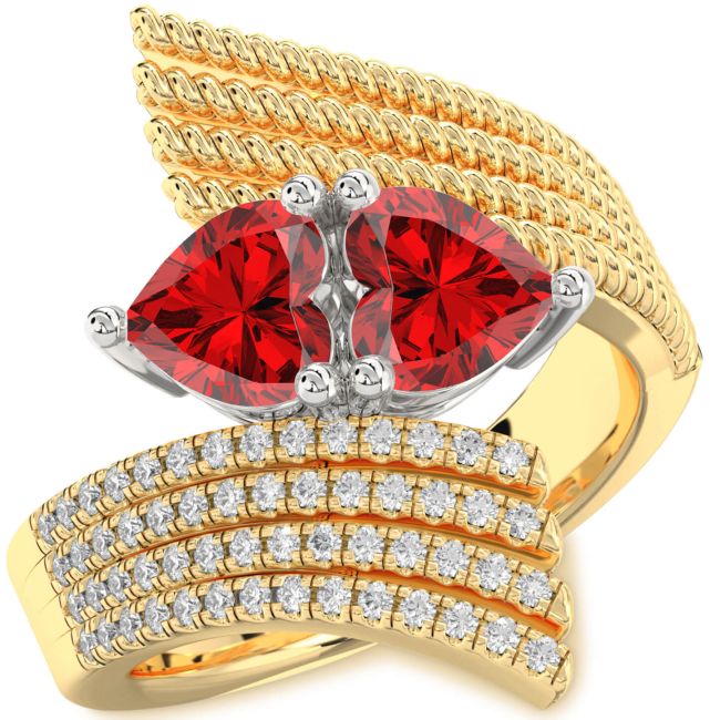 Diamond Ruby Gold Silver Two Heart Birthstone Ring
