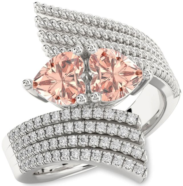 Diamond Morganite Silver Two Heart Ring