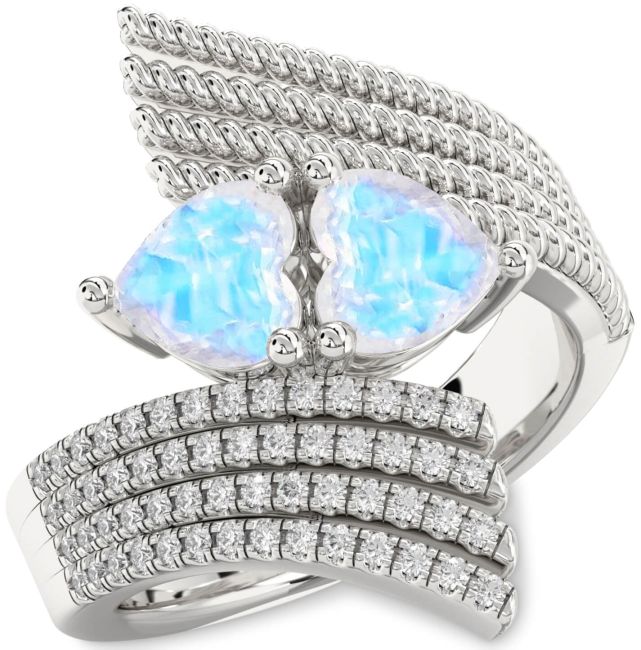 Diamond Moonstone Silver Two Heart Ring