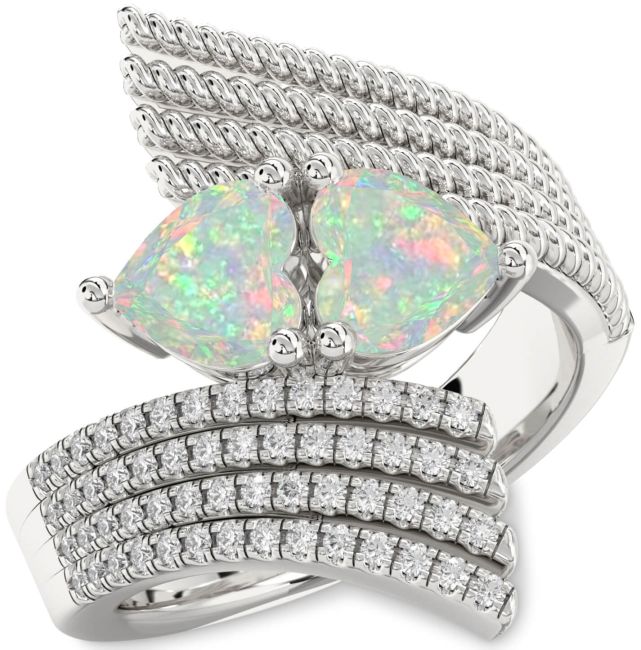 Diamond Opal Silver Two Heart Birthstone Ring