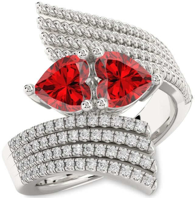 Diamond Ruby Silver Two Heart Birthstone Ring