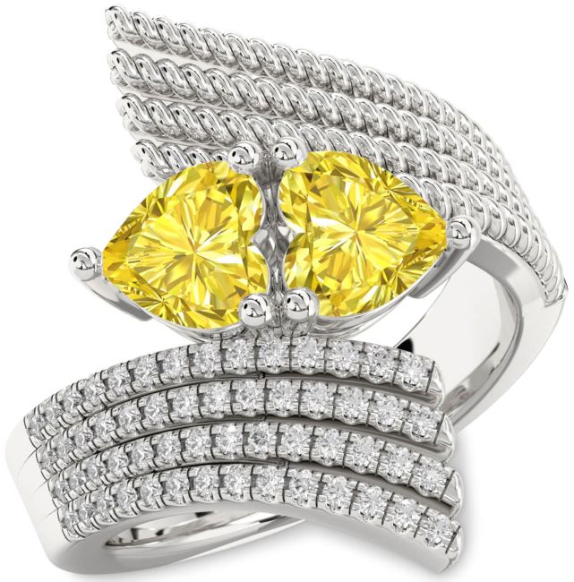 Yellow Diamond Silver Two Heart Ring