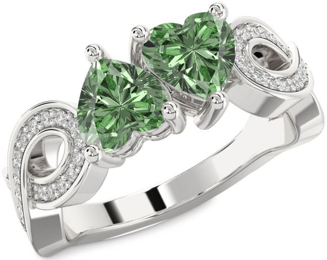 Green Diamond Silver Infinity Two Heart Ring