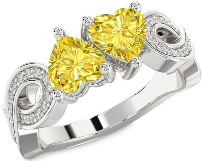 Yellow Diamond Silver Infinity Two Heart Ring