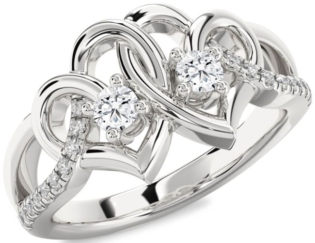 Diamond Silver Heart Two Stone Ring