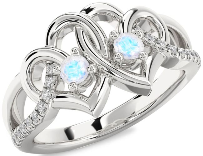 Diamond Moonstone Silver Heart Two Stone Ring