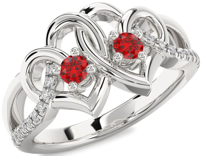 Diamond Ruby Silver Heart Two Stone Birthstone Ring