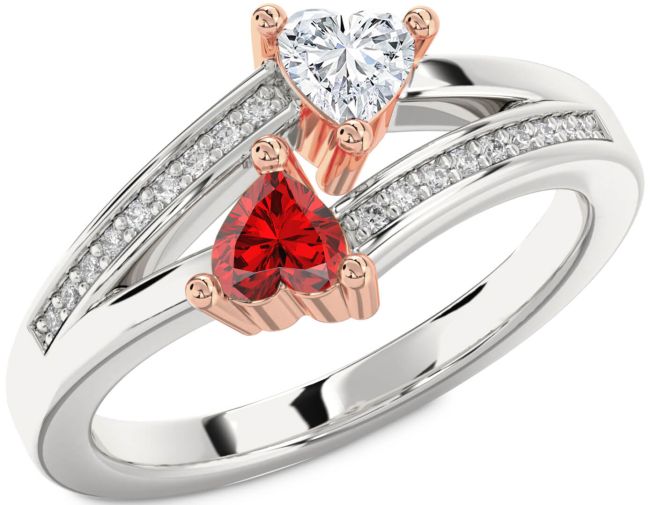 Diamond Rose Gold Silver Two Heart Promise Ring