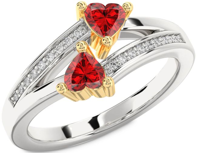 Diamond Ruby Gold Silver Two Heart Birthstone Ring