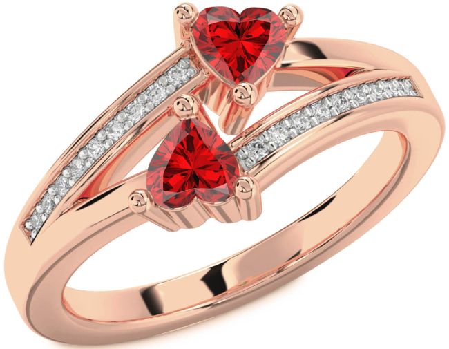Diamond Ruby Rose Gold Two Heart Birthstone Ring