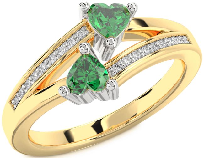 Diamond Emerald Gold Silver Two Heart Birthstone Ring