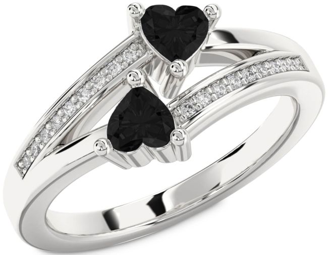 Black Diamond Silver Two Heart Ring