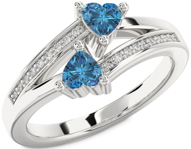 Blue Diamond Silver Two Heart Ring