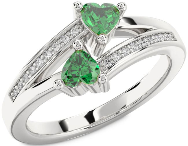 Diamond Emerald Silver Two Heart Birthstone Ring