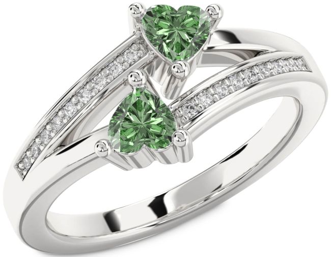 Green Diamond Silver Two Heart Ring