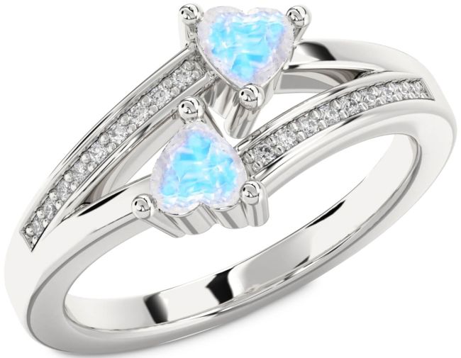 Diamond Moonstone Silver Two Heart Ring